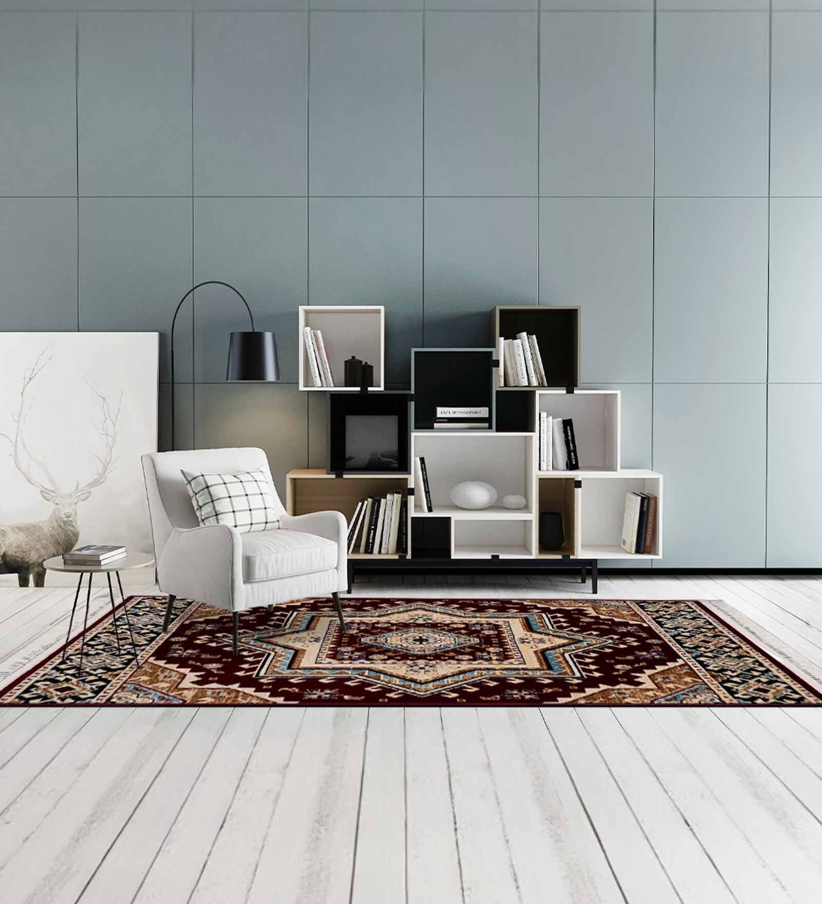 Burgundy & Beige Traditional Polyester 4 x 6 Feet Machine Made Carpet