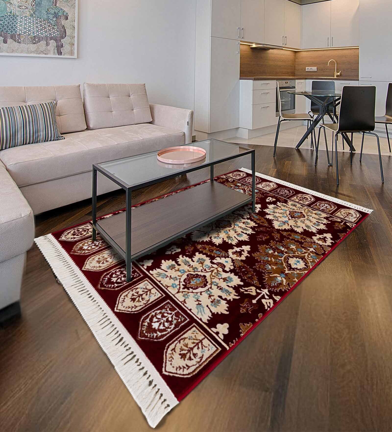 Burgundy & Cream Traditional Polyester 3 x 5 Feet Machine Made Carpet