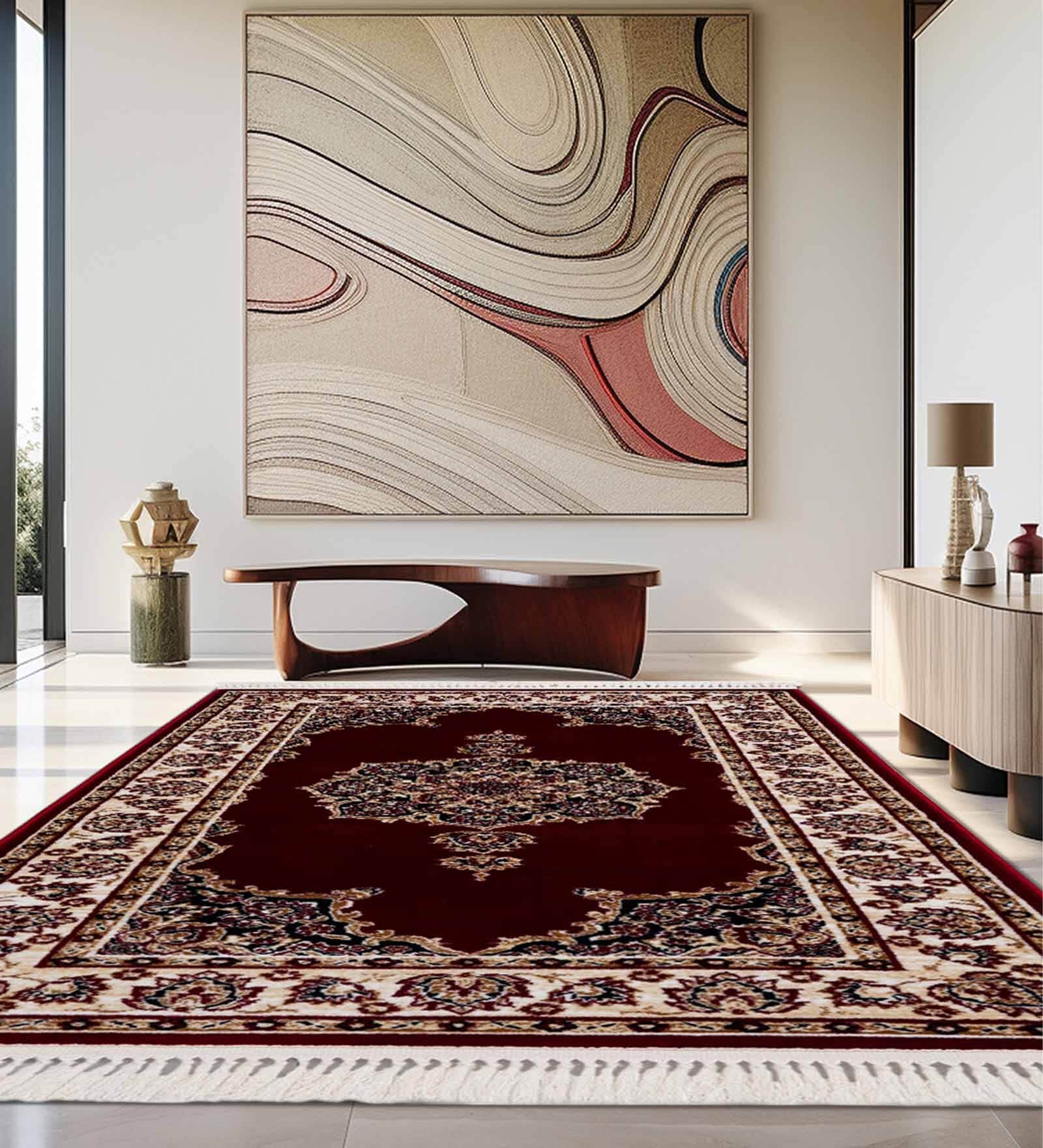 Burgundy & Cream Traditional Polyester 5 x 7 Feet Machine Made Carpet