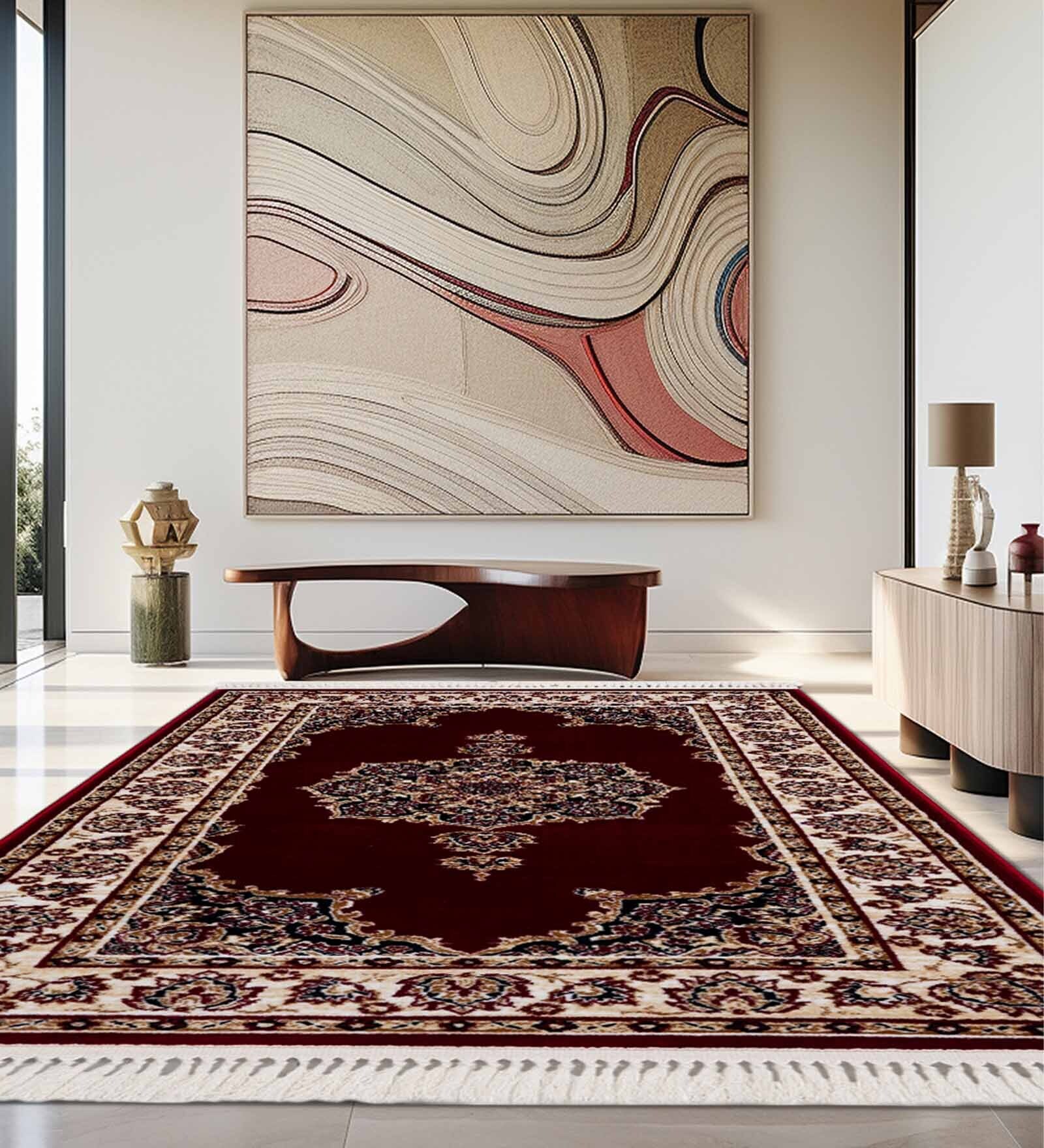 Burgundy & Cream Traditional Polyester 6 x 9 Feet Machine Made Carpet