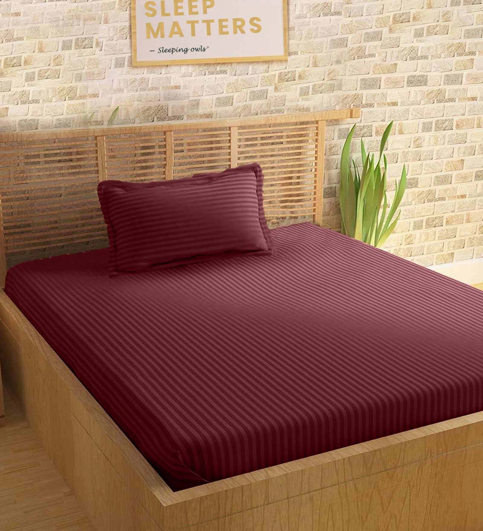 Burgundy Striped 210 TC 100% Cotton Single Bed Sized Bed Sheets With 1 Pillow Cover