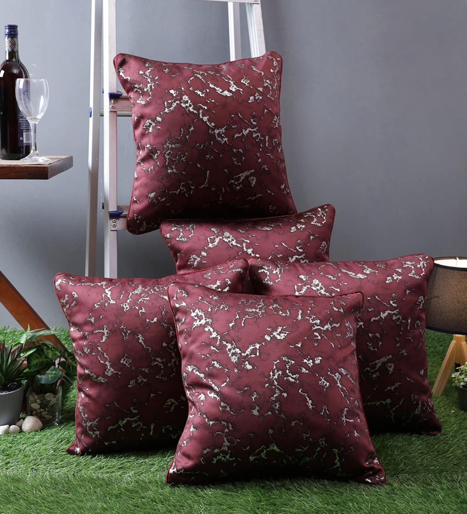 Burgundy Polyester Abstract 40x40 inches Cushion Covers Set of 5