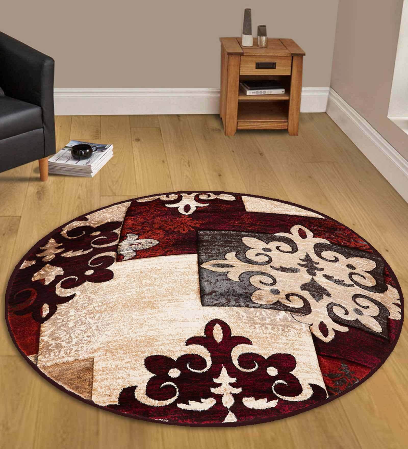 Burgundy Polypropylene Vintage Machine Made Round Carpet