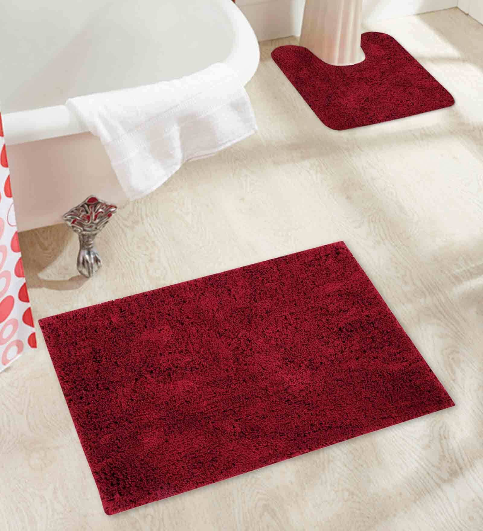 Burgundy Solid Cotton AntiSkid Bathmat & Contour Mat