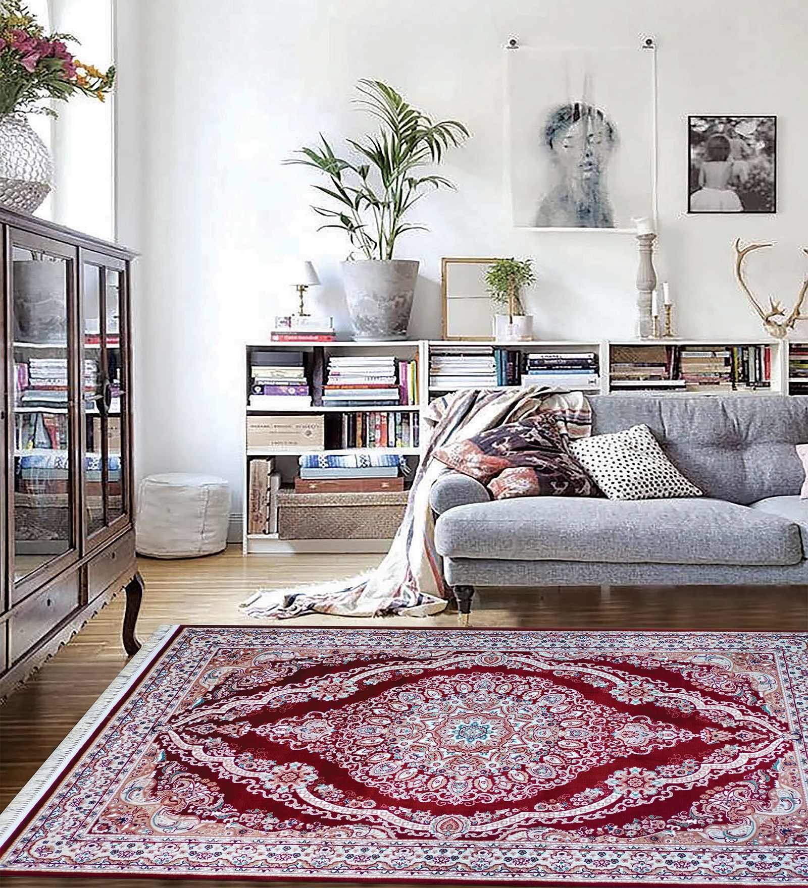 Burgundy Traditional Polypropylene 5 ft x 7 ft Machine Made Carpet