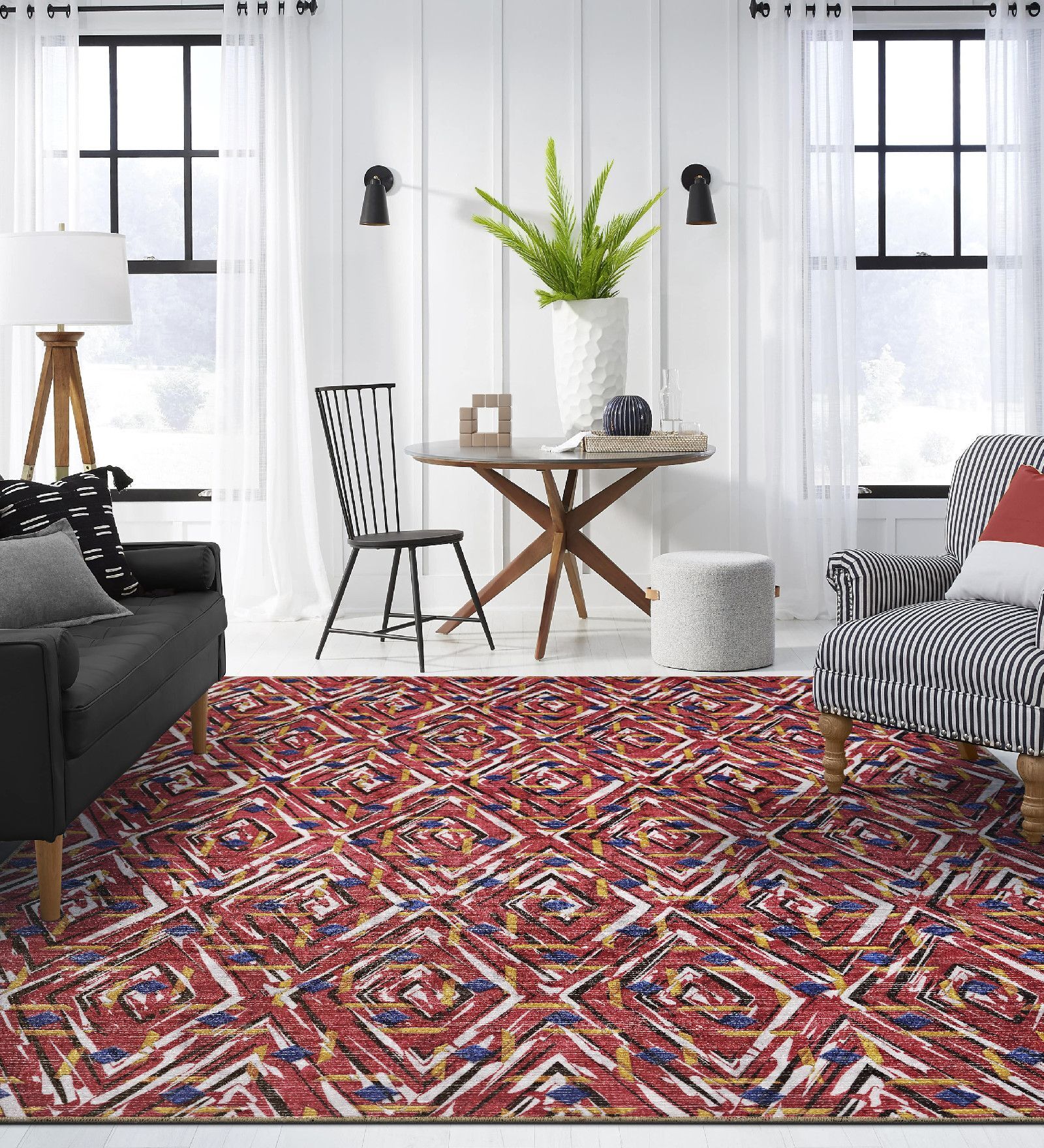 Burn Red Geometric Polyester 5 ft x 7 ft Machine Made Carpet