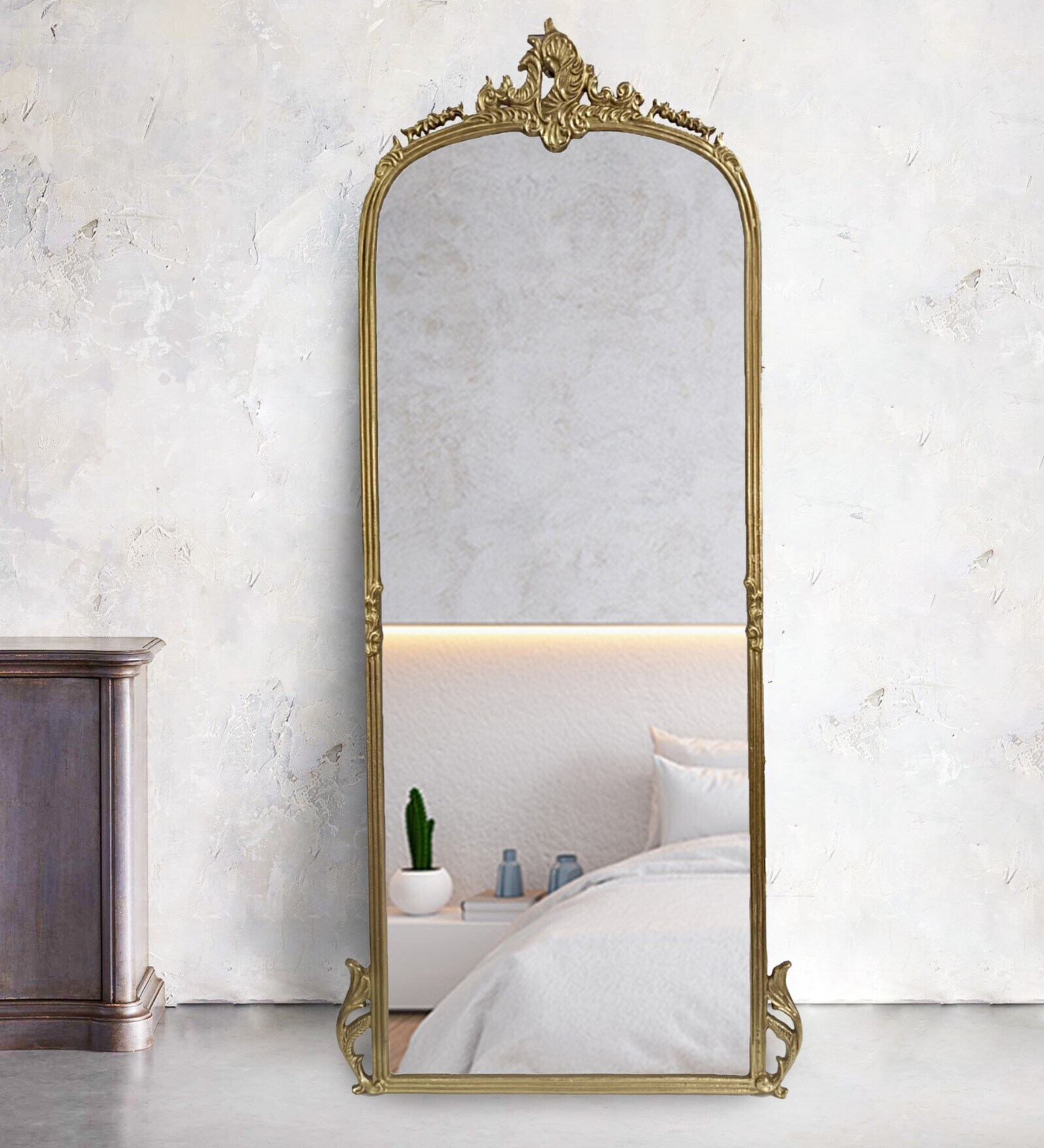 Burnished Gold Hand-casted Metal Victorian Arched Floor Mirror