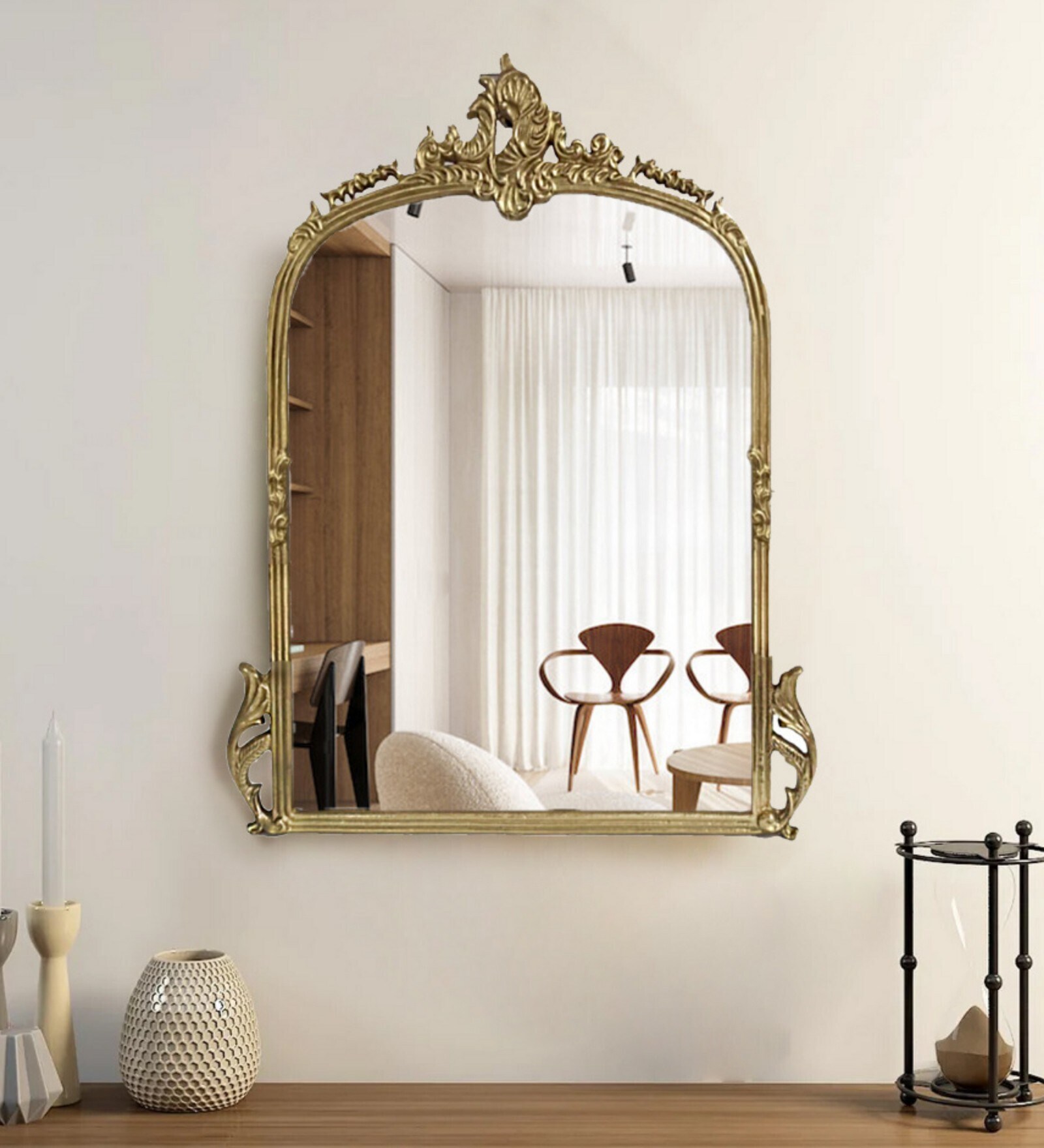 Burnished Gold Hand-casted Metal Victorian Arched Wall Mirror