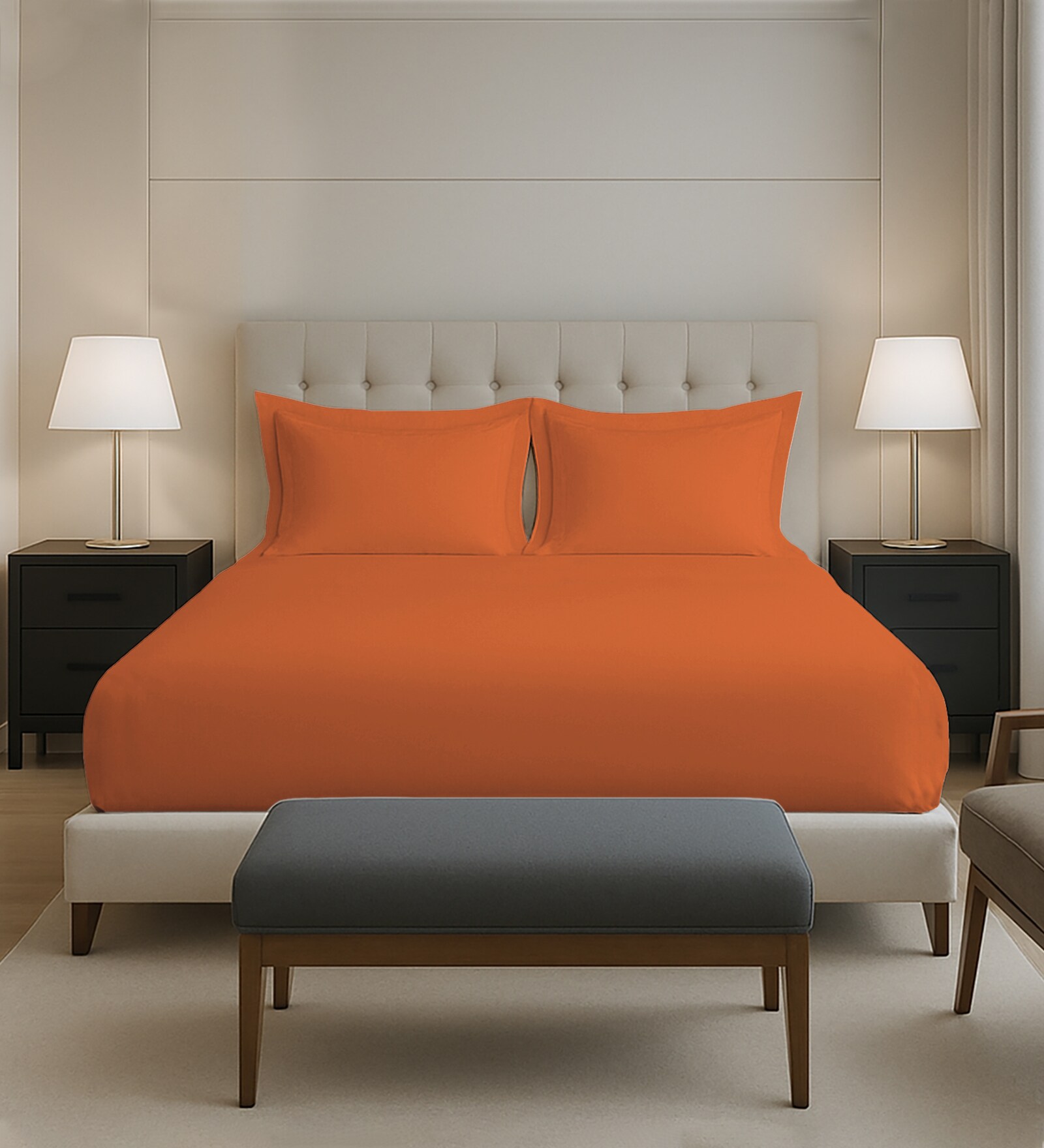 Burnt Orange Solid 400 TC Cotton Queen Sized Fitted sheet with 2 Pillow Covers