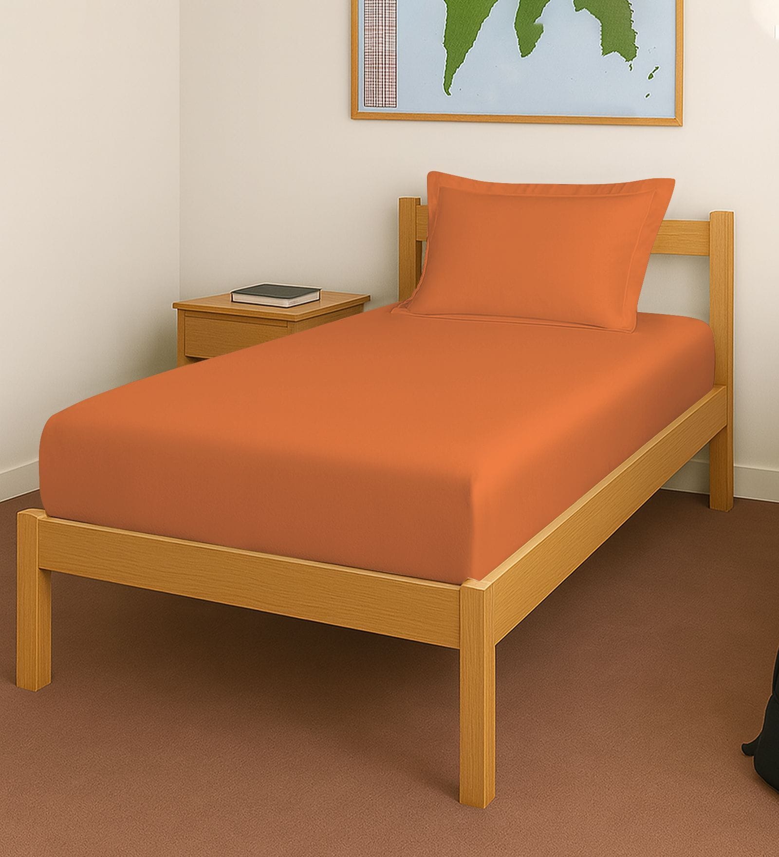 Burnt Orange Solid 400 TC Cotton Single Sized Fitted sheet with 1 Pillow Cover