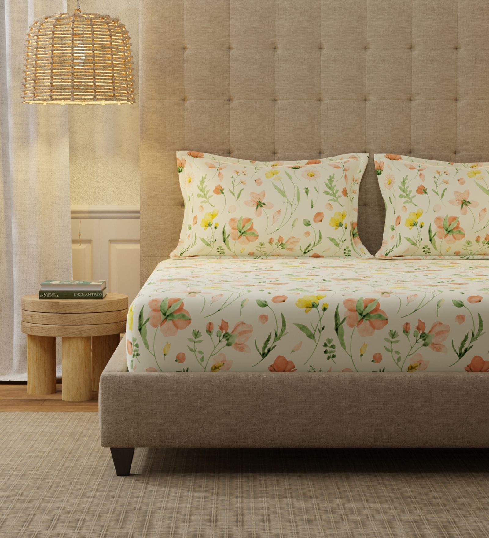 Buttercream Floral 200 TC Cotton King Sized Bedsheet with 2 Pillow Covers