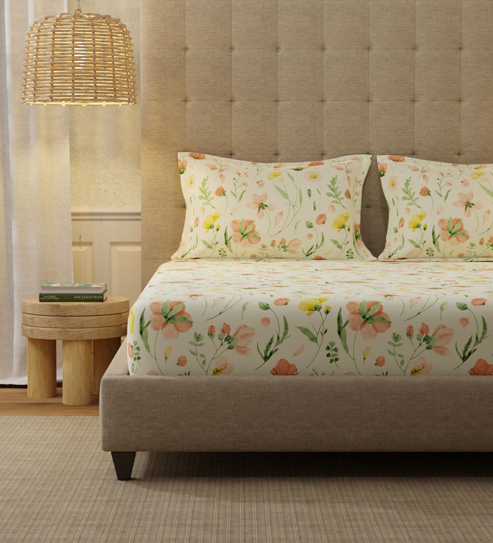 Buttercream Floral 200 TC Cotton King Sized Fitted Bedsheet with 2 Pillow Covers
