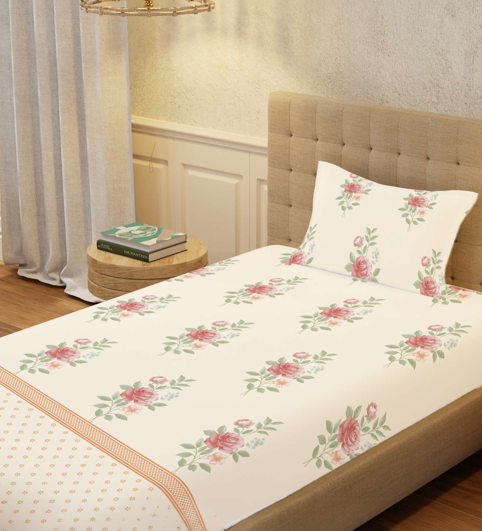 Buttercream Floral 200 TC Cotton Single Bedsheet with 1 Pillow Cover