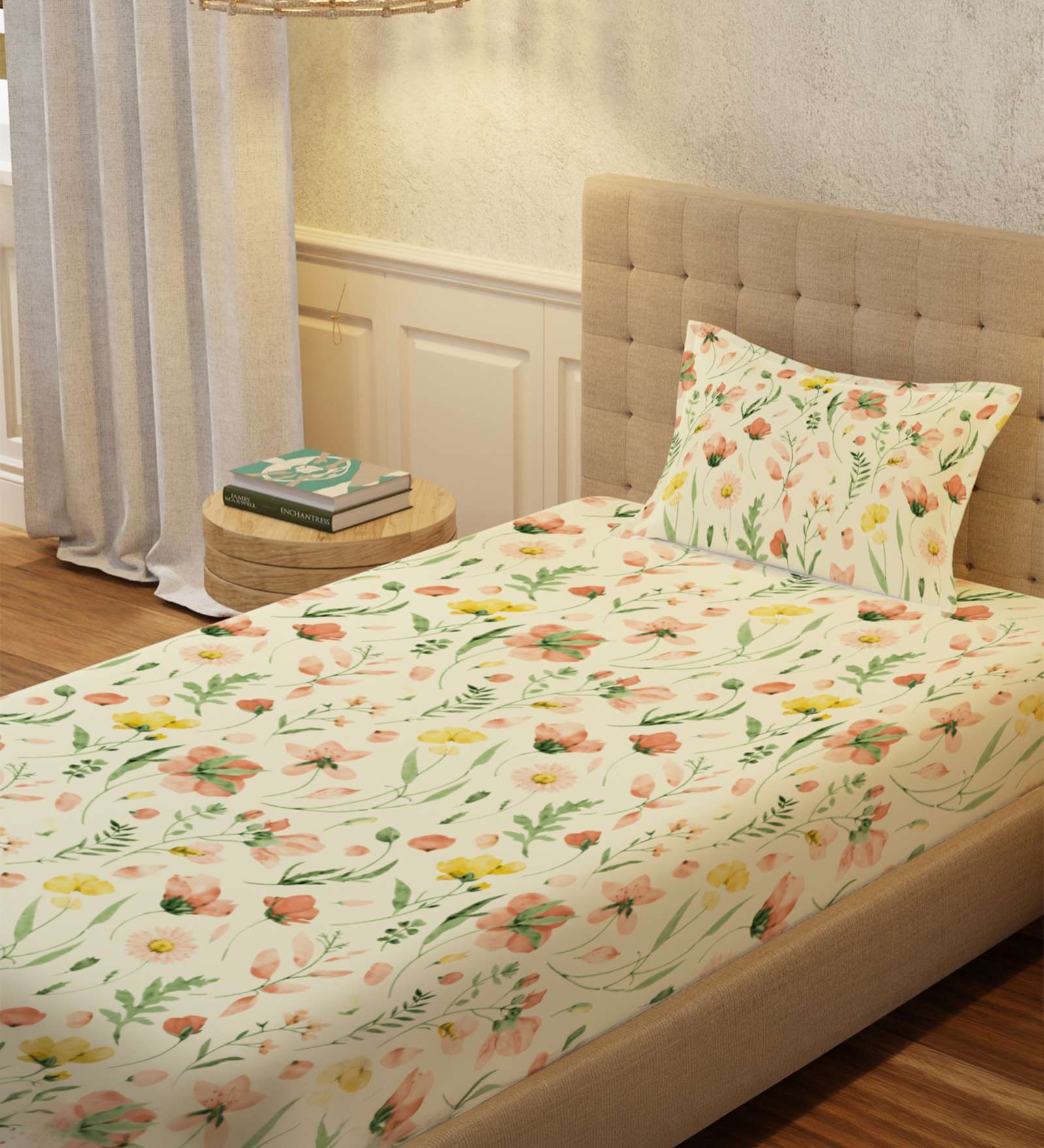 Buttercream Floral 200 TC Cotton Single Bedsheet with 1 Pillow Cover