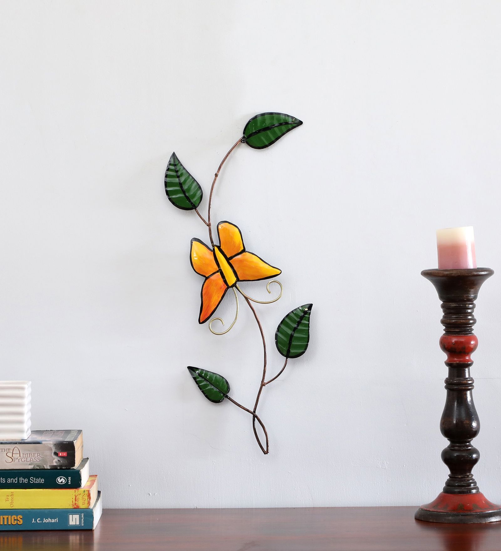 Butterfly On Leaf Multicolour Handmade Metal Wall Art