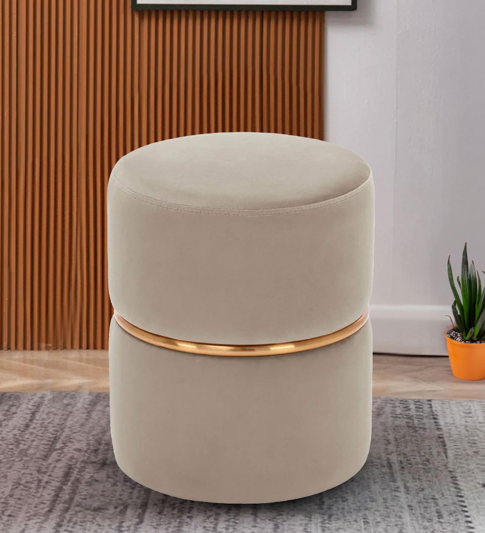 Buxom Velvet Pouffe In Beige Colour