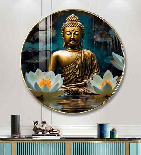 Buddha With White Lotus Acrylic Round Wall Art