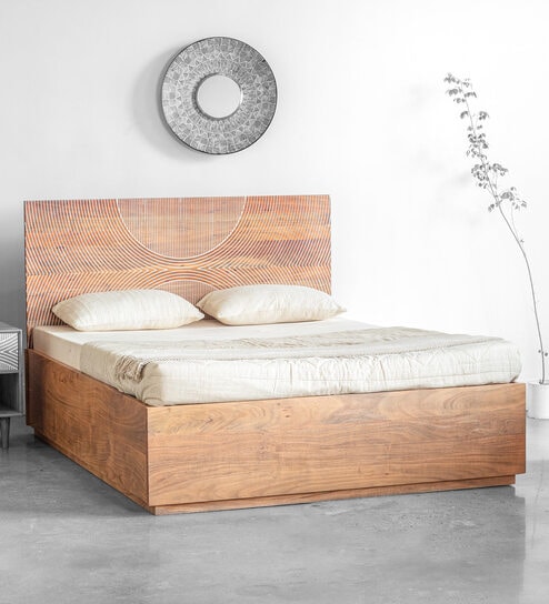 Bunka Solid Wood King Size Bed in Natural Finish with Hydraulic Storage