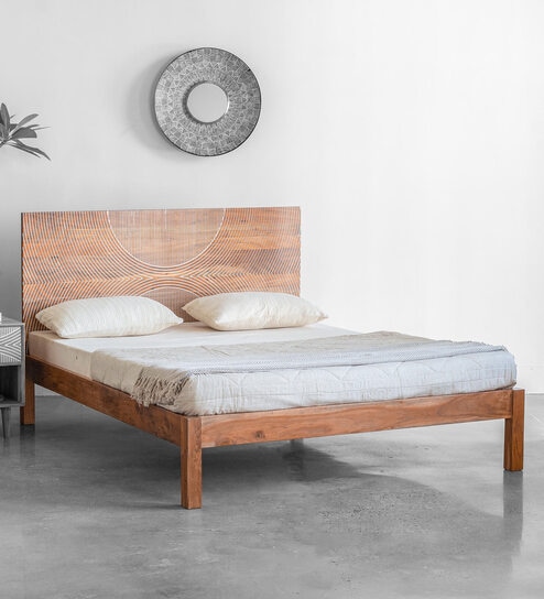 Bunka Solid Wood Queen Size Bed in Natural Finish