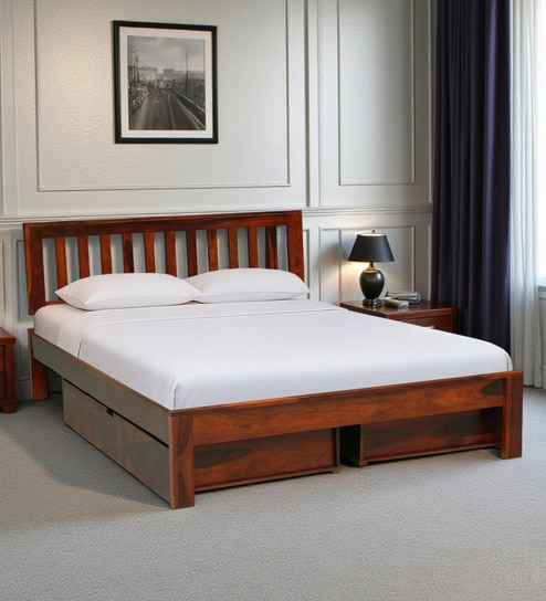 Buren Sheesham Wood King Size Bed In Honey Oak  Finish With Drawer Storage