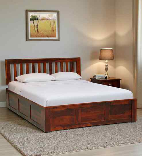 Buren Sheesham Wood Queen Size Bed In Honey Oak  Finish With Box Storage