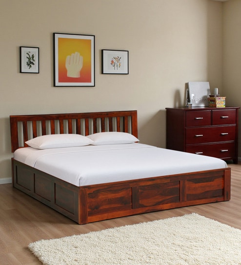 Buren Sheesham Wood Queen Size Bed In Honey Oak Finish With Hydraulic Storage
