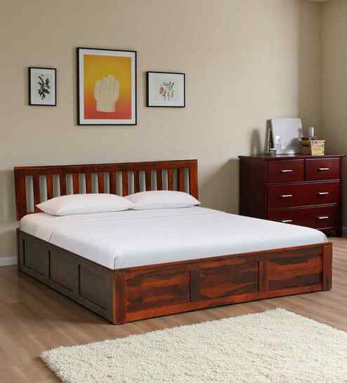 Buren Sheesham Wood Queen Size Bed In Honey Oak Finish With Hydraulic Storage