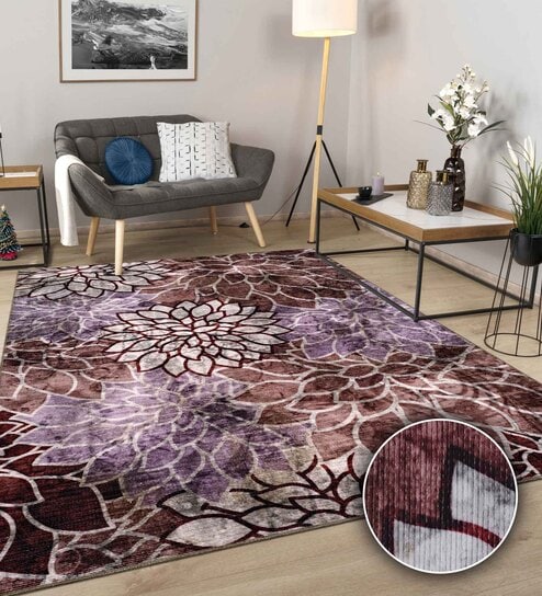 Burgendy Floral Polyester 9' X 12' Machine Made Carpet