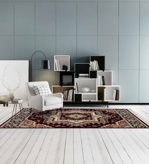 Burgundy & Beige Traditional Polyester 5 x 7 Feet Machine Made Carpet
