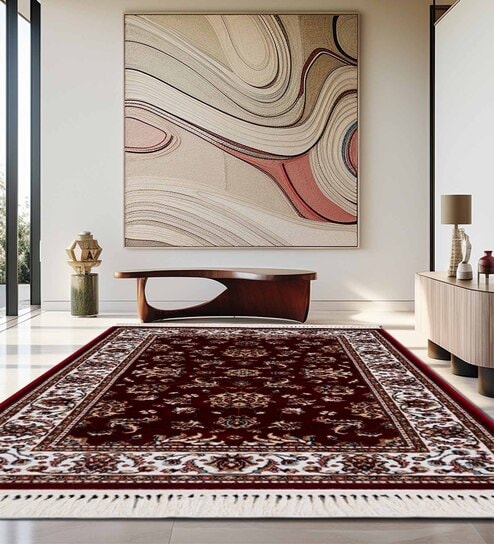 Burgundy & Cream Traditional Polyester 5 x 7 Feet Machine Made Carpet