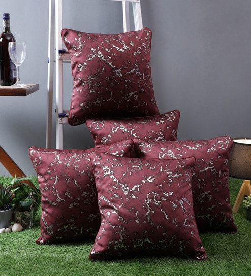 Burgundy Polyester Abstract 40x40 inches Cushion Covers Set of 5