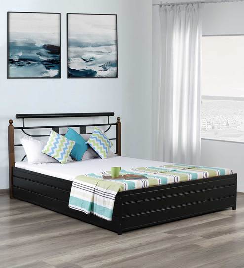 Burlington Metallic Queen Size Bed With Storage In Black Colour By Furniturekraft