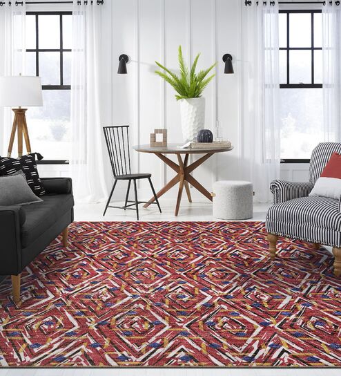 Burn Red Geometric Polyester 5 ft x 7 ft Machine Made Carpet