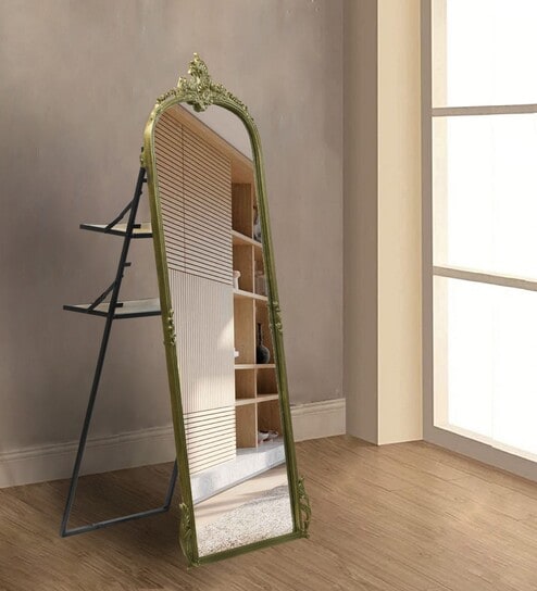 Burnished Gold Hand-casted Metal Victorian Arched Floor Mirror with Stand