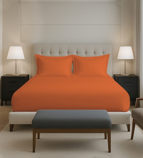 Burnt Orange Solid 400 TC Cotton King Sized Fitted sheet with 2 Pillow Covers