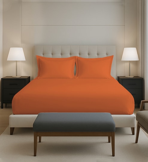 Burnt Orange Solid 400 TC Cotton Queen Sized Fitted sheet with 2 Pillow Covers