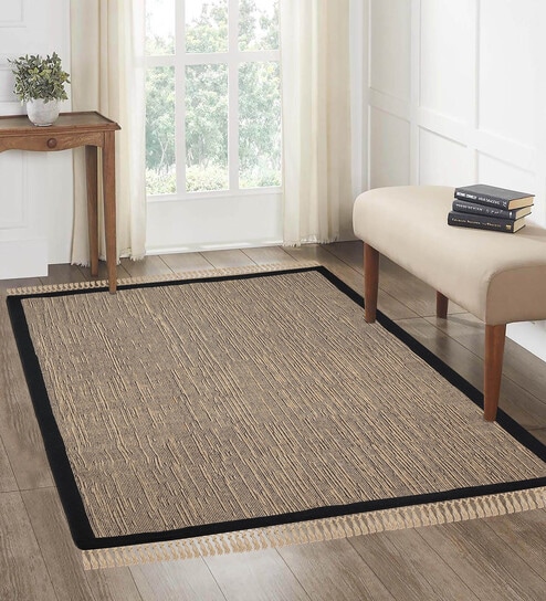Black Burwan Cotton Jute Woven Strong 3X5 Ft Carpet With Fringe