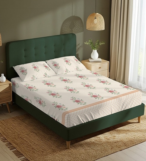 Buttercream Floral 200 TC Cotton Double Bedsheet with 2 Pillow Covers