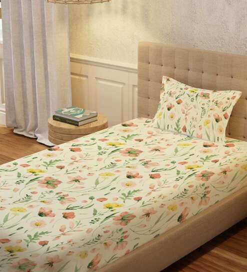 Buttercream Floral 200 TC Cotton Single Bedsheet with 1 Pillow Cover