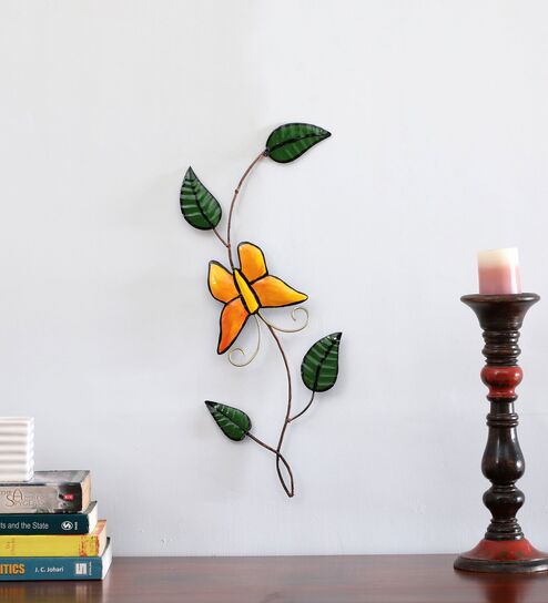 Butterfly On Leaf Multicolour Handmade Metal Wall Art by  Home Decor International