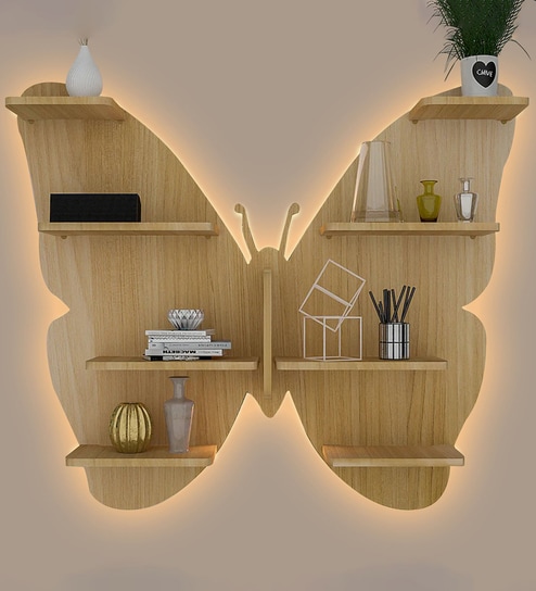 Butterfly Shape Backlit Designer Wooden Wall Shelf