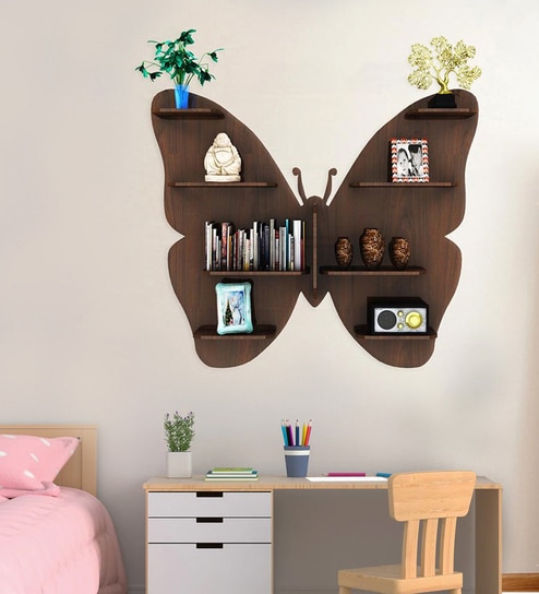 Butterfly Shape Backlit Designer Wooden Wall Shelf
