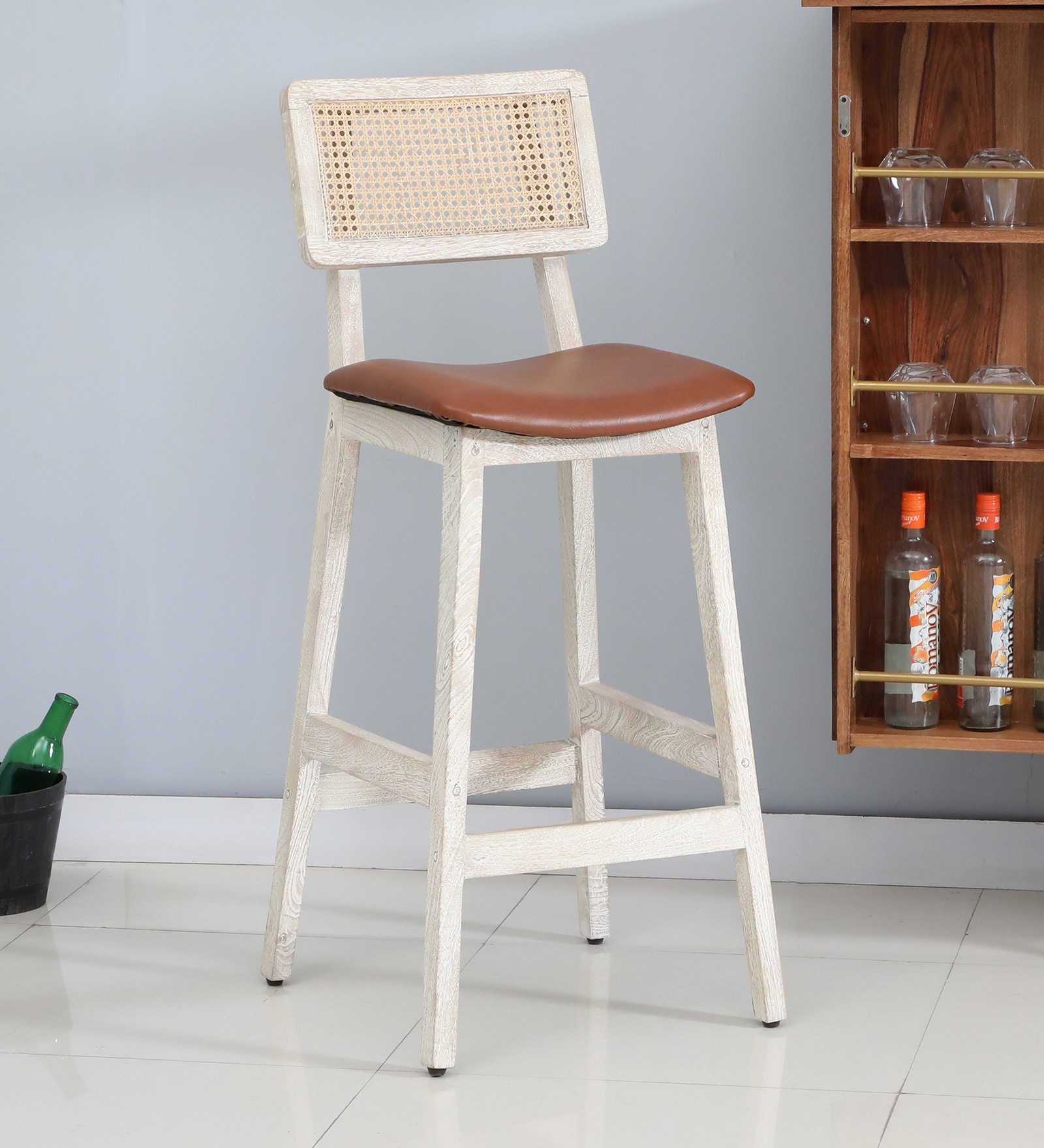 Byron Solid Wood Bar Chair In Sandblasted White Distress Finish