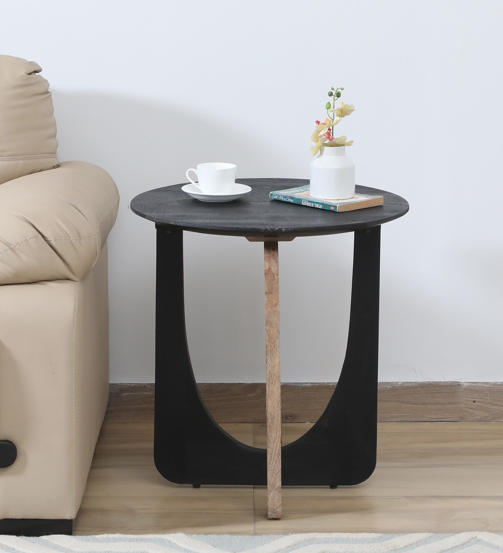 Byron Solid Wood End Table In Wirebrush Natural & Black Finish