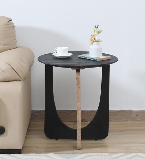 Byron Solid Wood End Table In Wirebrush Natural & Black Finish