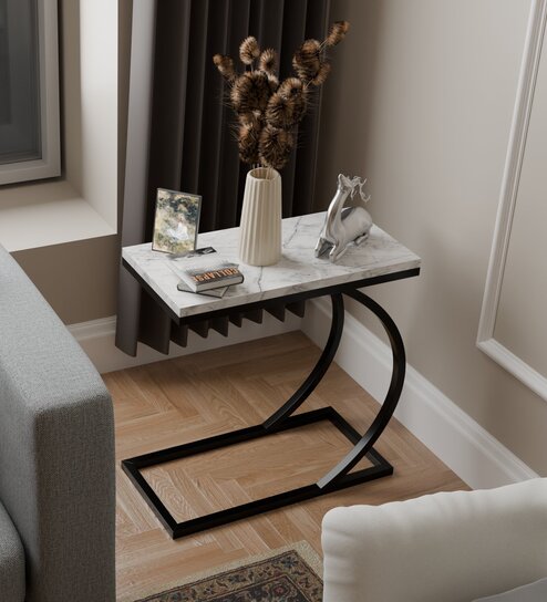 C End Table In Black and White Marble With Black Steel Base Finish