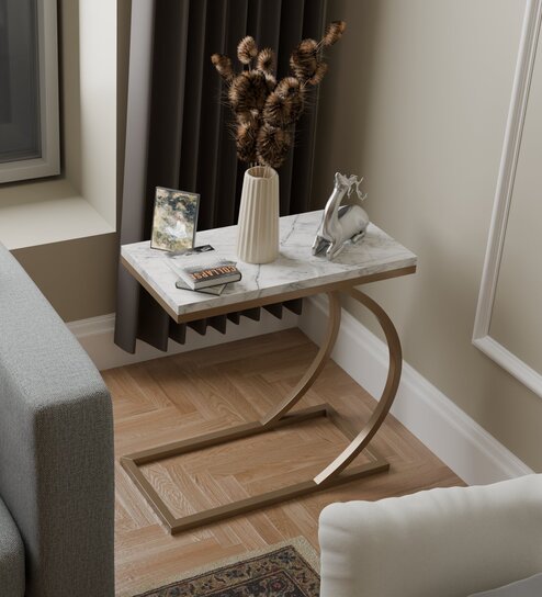 C End Table In Black and White Marble With Golden Steel Base Finish