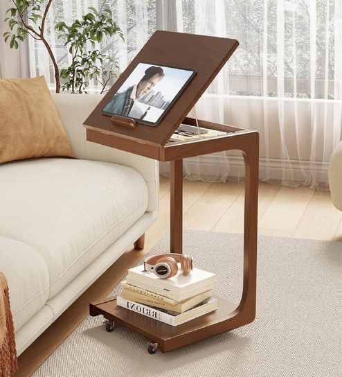 the artment C-Shaped Rolling Stillframe Side Table With Adjustable Top In Brown Colour-picture-1