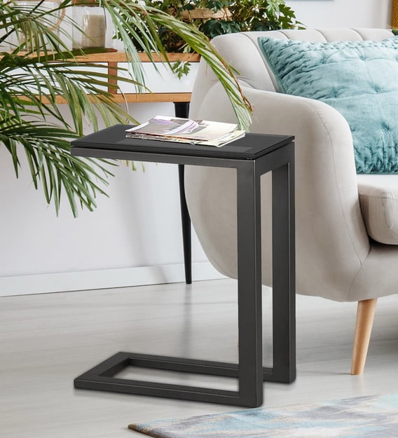 Buy C Shape Side Table With Black Glass Top By Asian Arts Online Contemporary End Tables Tables Furniture Pepperfry Product