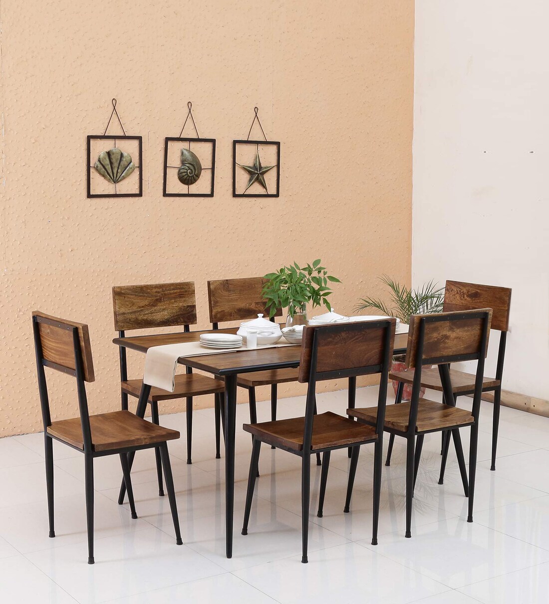 Buy Cafelectic Table Set with 6 Chairs in Provincial Teak & Black Frame